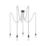Modern black pendant light with five bulbs and long cables for flexible room lighting