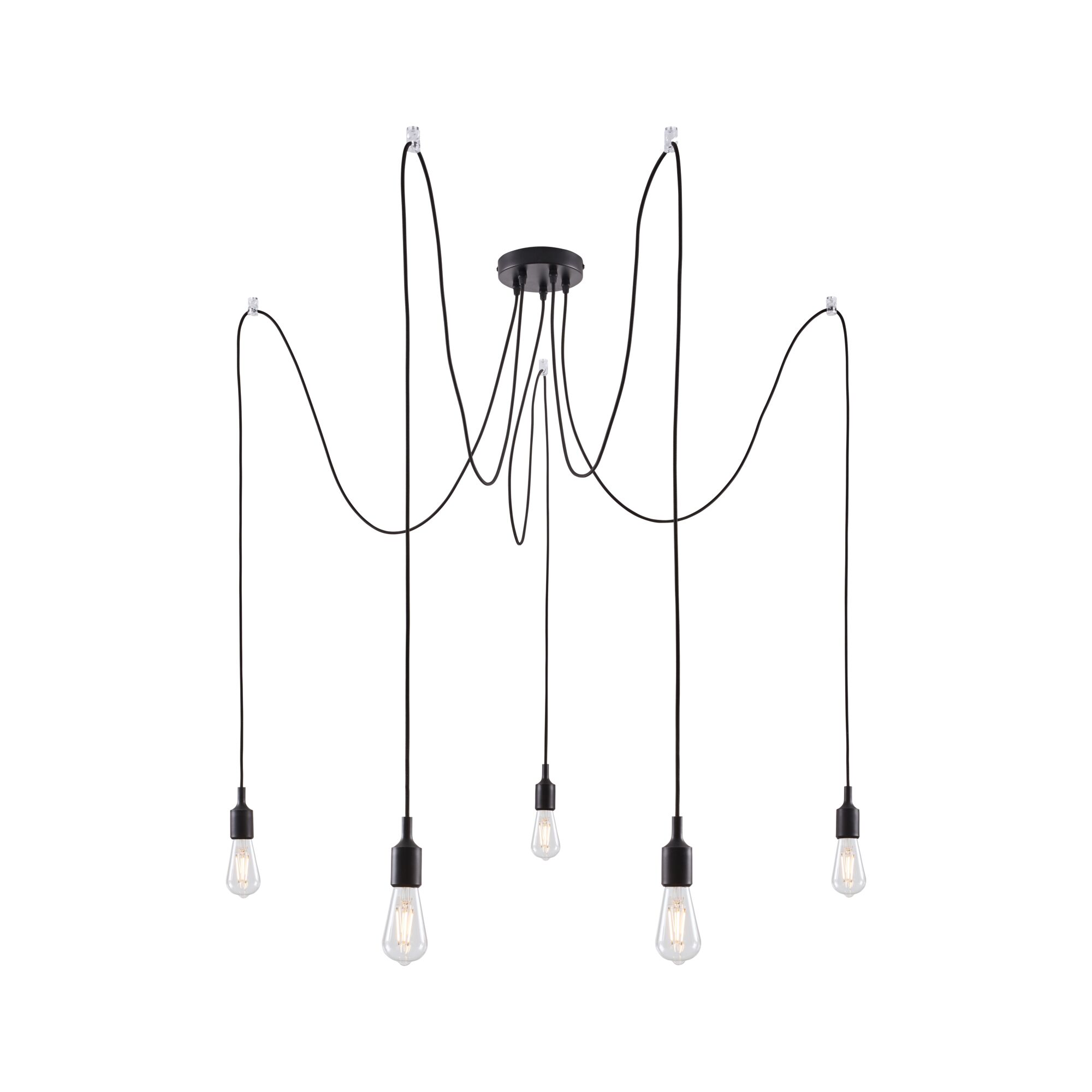 Moderne schwarze Pendelleuchte mit fünf Glühbirnen und langen Kabeln für flexible Raumbeleuchtung