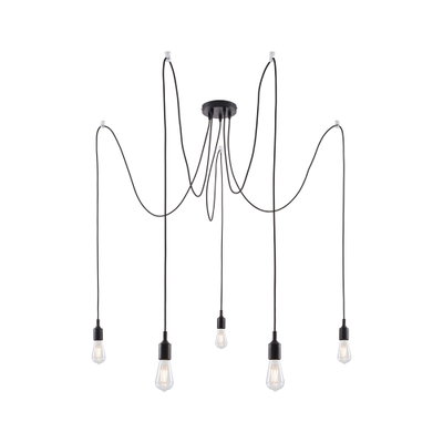 Moderne schwarze Pendelleuchte mit fünf Glühbirnen und langen Kabeln für flexible Raumbeleuchtung