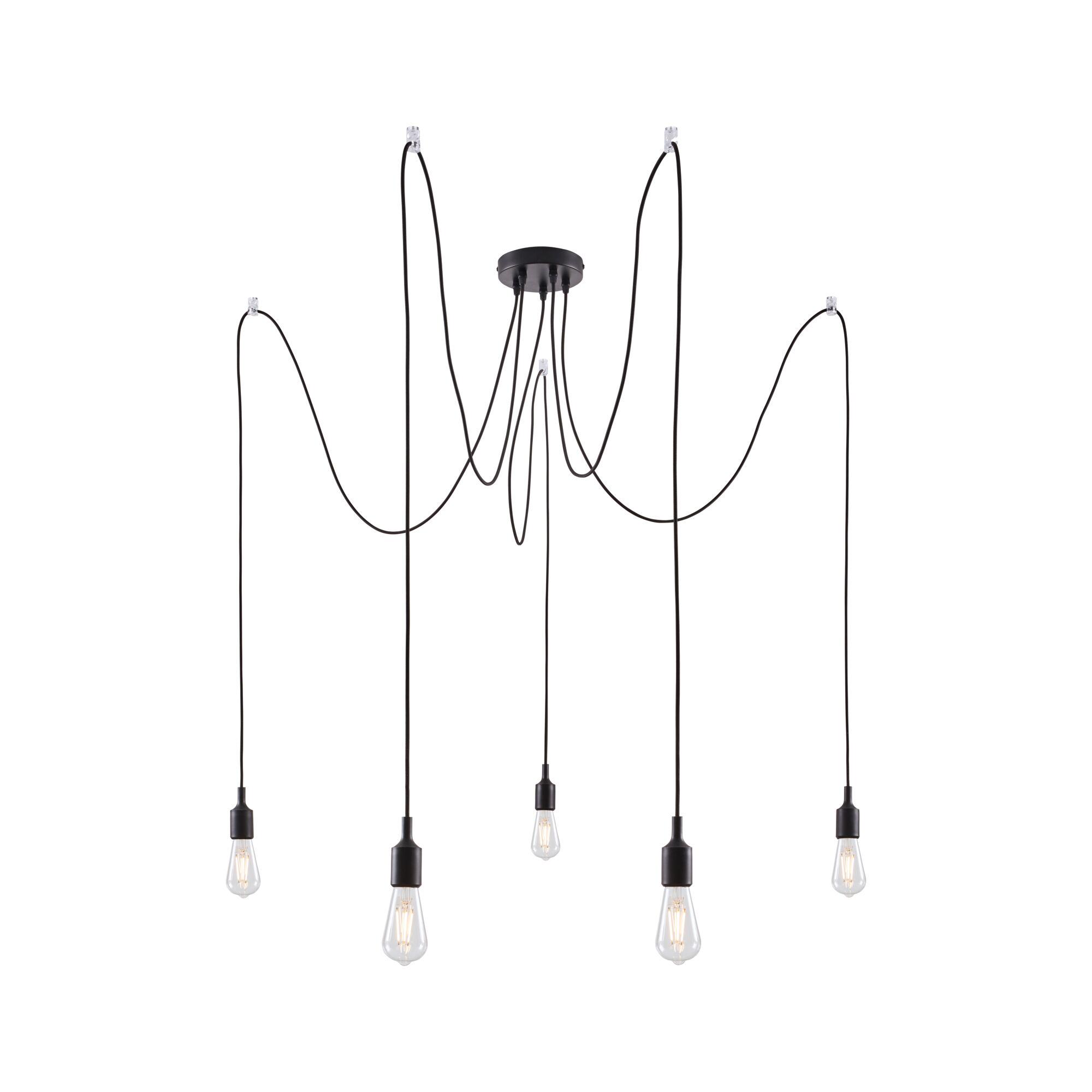 Modern black pendant light with five bulbs and long cables for stylish room lighting