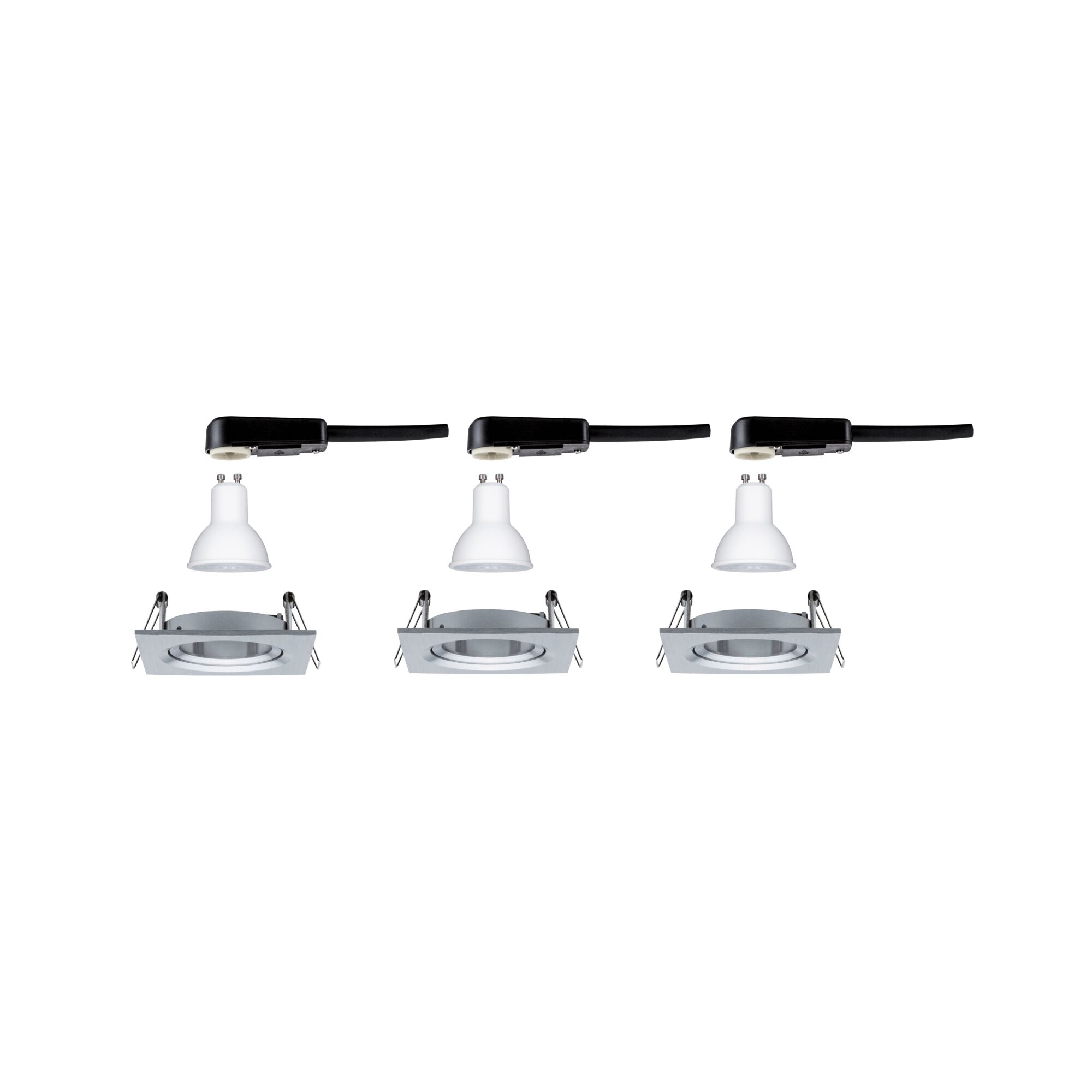 Trois ampoules LED GU10 blanches avec cadres encastrés carrés en aluminium pour spots LED.