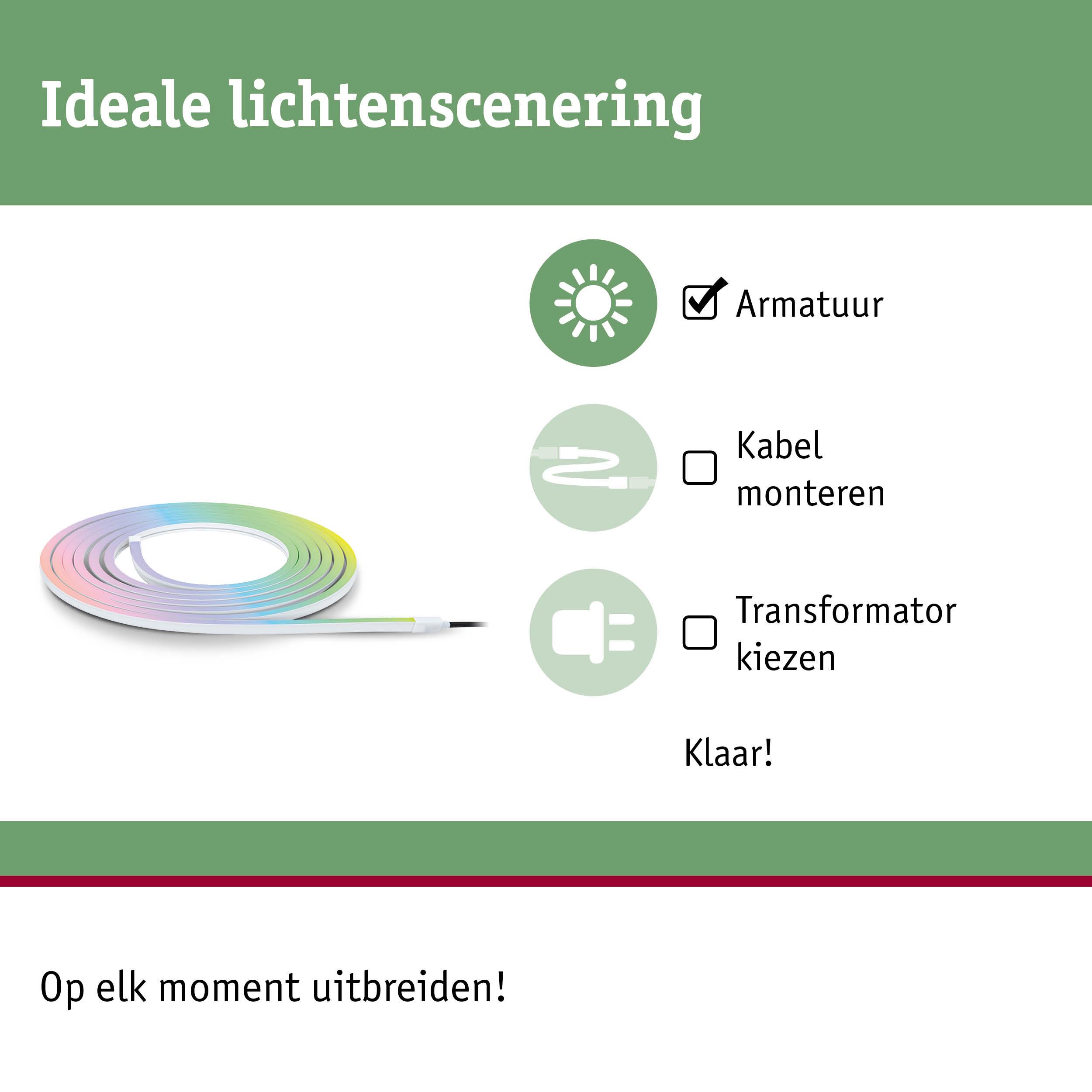 Kleurrijke LED-lichtstrip als armatuur met eenvoudige installatie zonder kabelmontage of transformator.