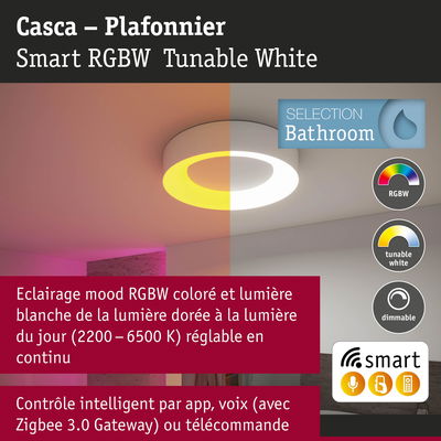 Plafonnier Casca blanc intelligent RGBW avec lumière blanche réglable et dimmable pour salle de bain