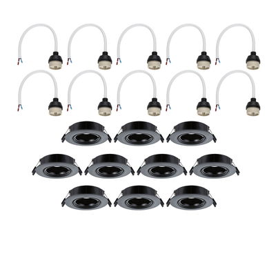 Tien zwarte inbouwframes met tien witte GU10-fittingen en kabels voor LED-inbouwspots
