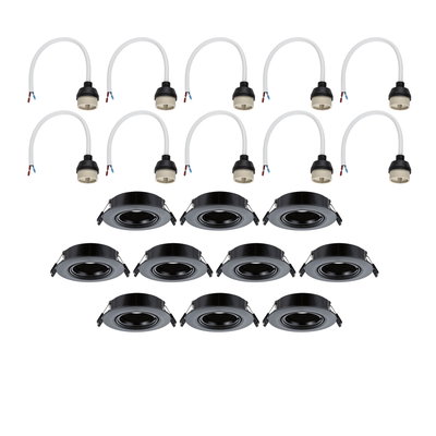 Ten black metal recessed frames with ten white cable sockets for LED downlights