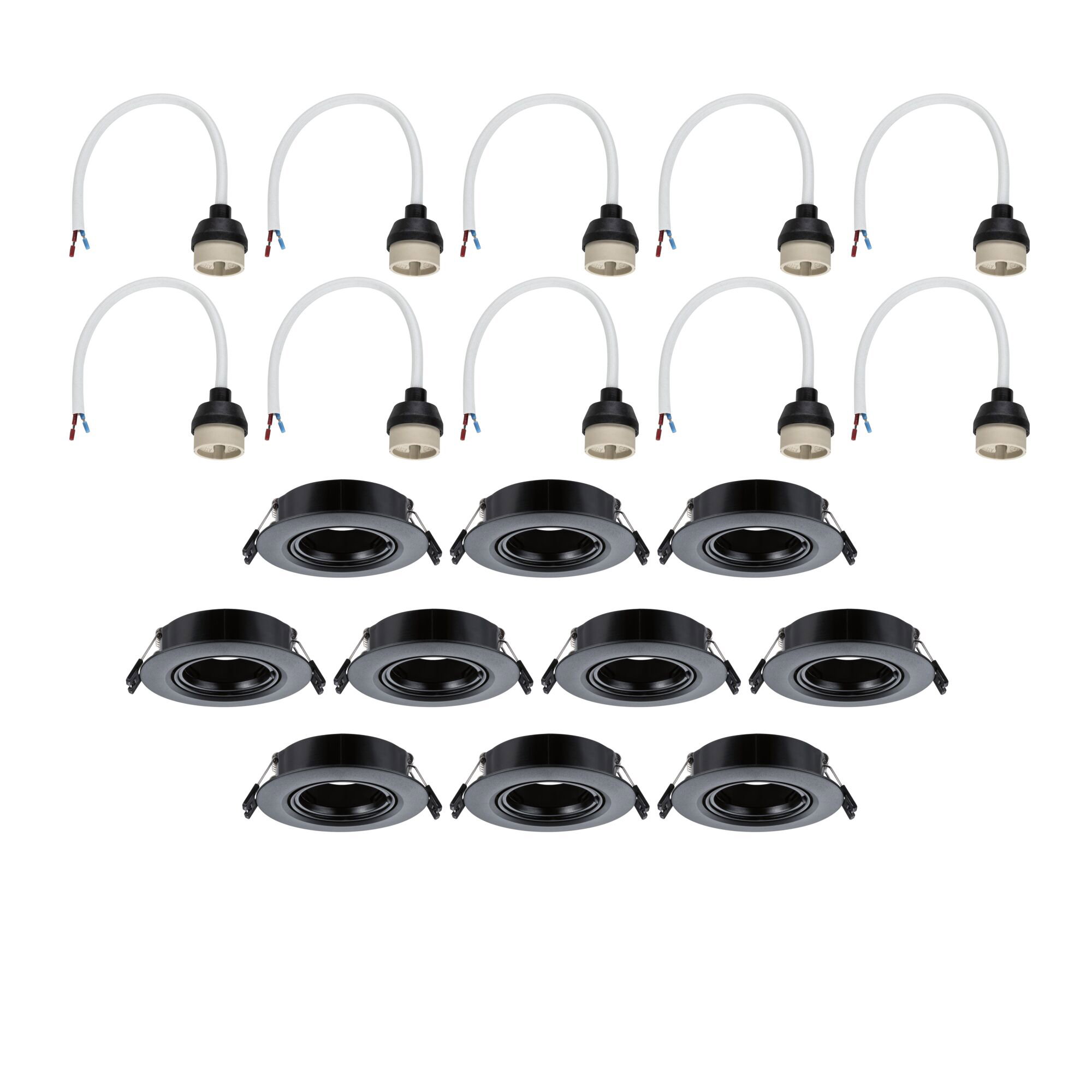Tien zwarte metalen inbouwframes met tien witte kabelsockets voor LED-inbouwspots