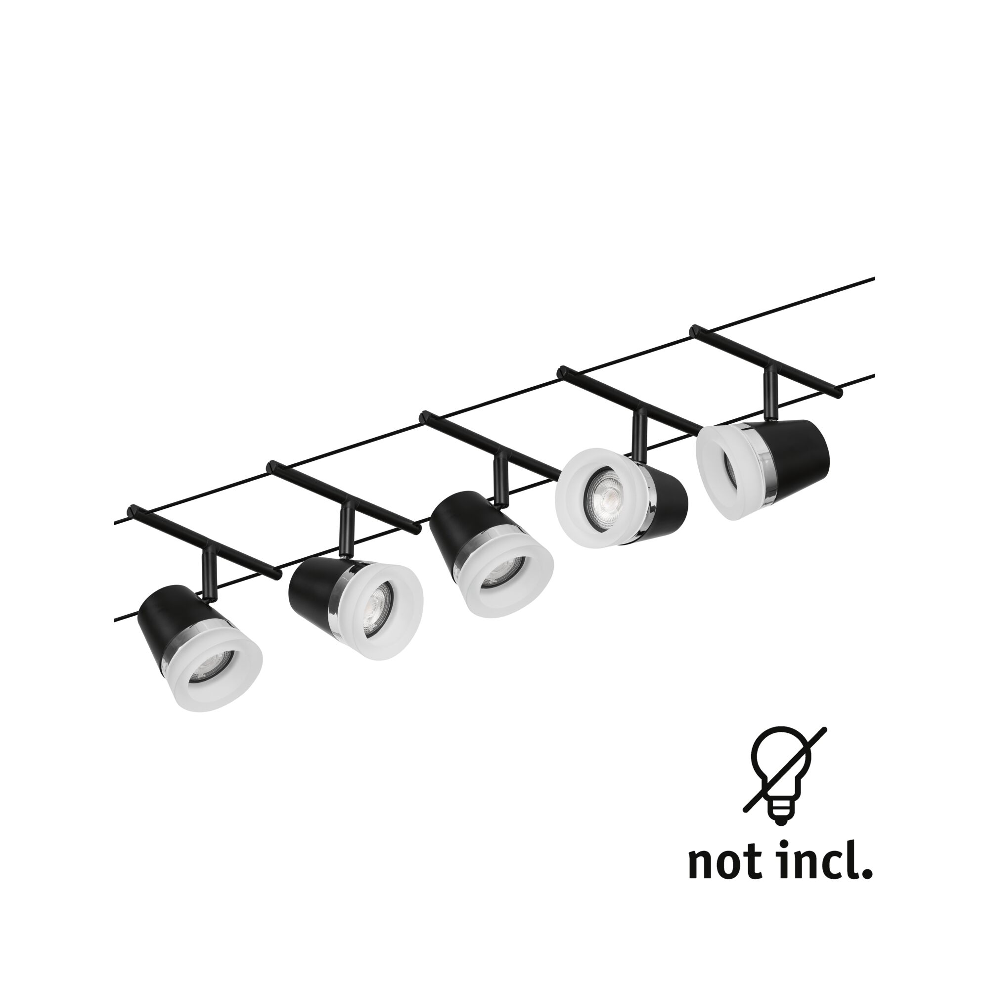 Black cable lighting system with five adjustable LED spotlights and white rings without bulbs