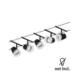 Black cable lighting system with five adjustable LED spotlights and white rings without bulbs