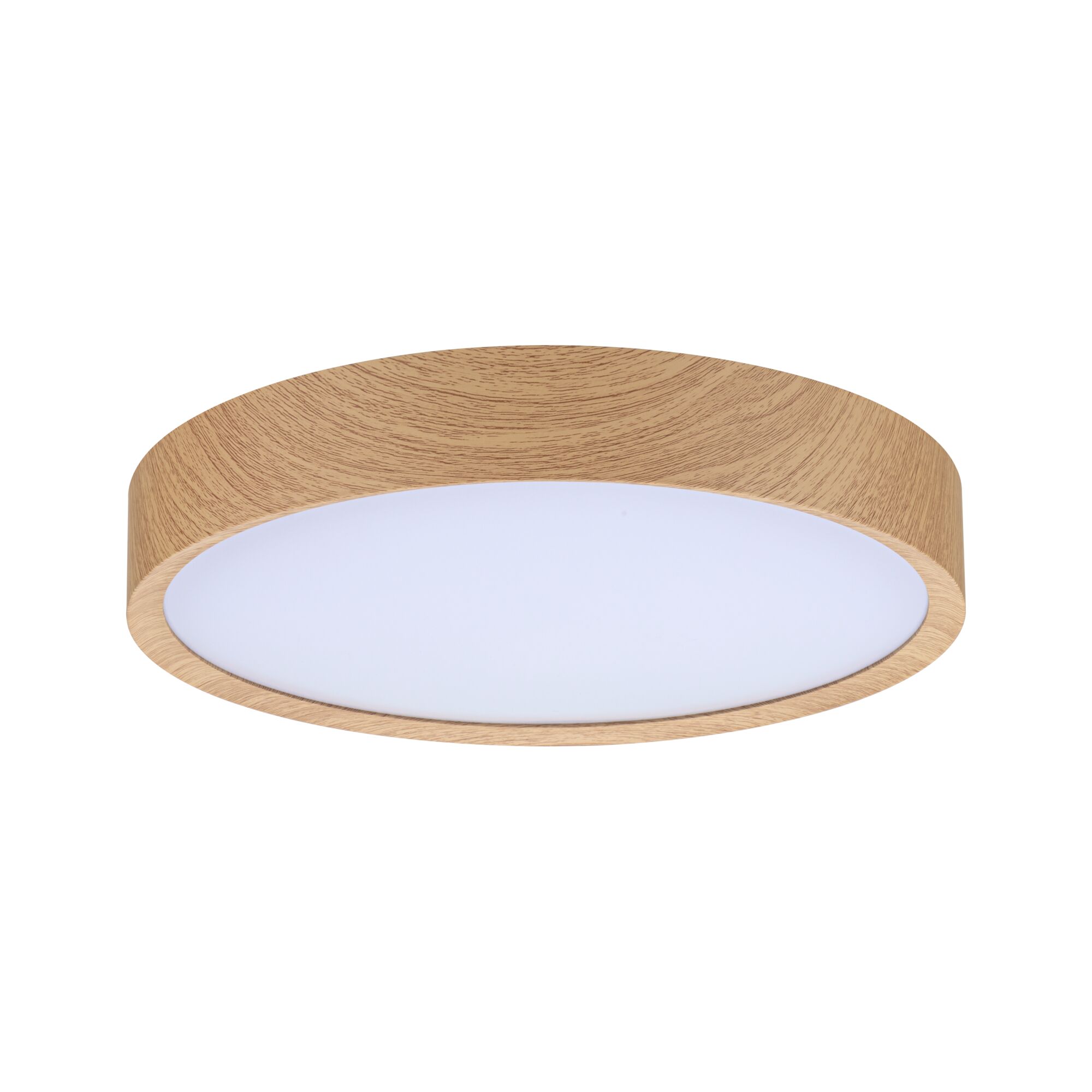 Round ceiling light with wood finish and white diffuser, modern LED lamp for living spaces