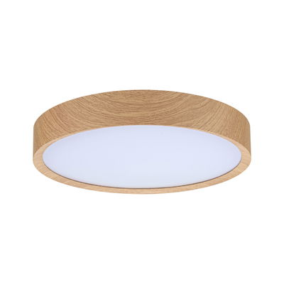 Round ceiling light with wood finish and white diffuser, modern LED lamp for living spaces