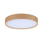 Round ceiling light with wood finish and white diffuser, modern LED lamp for living spaces