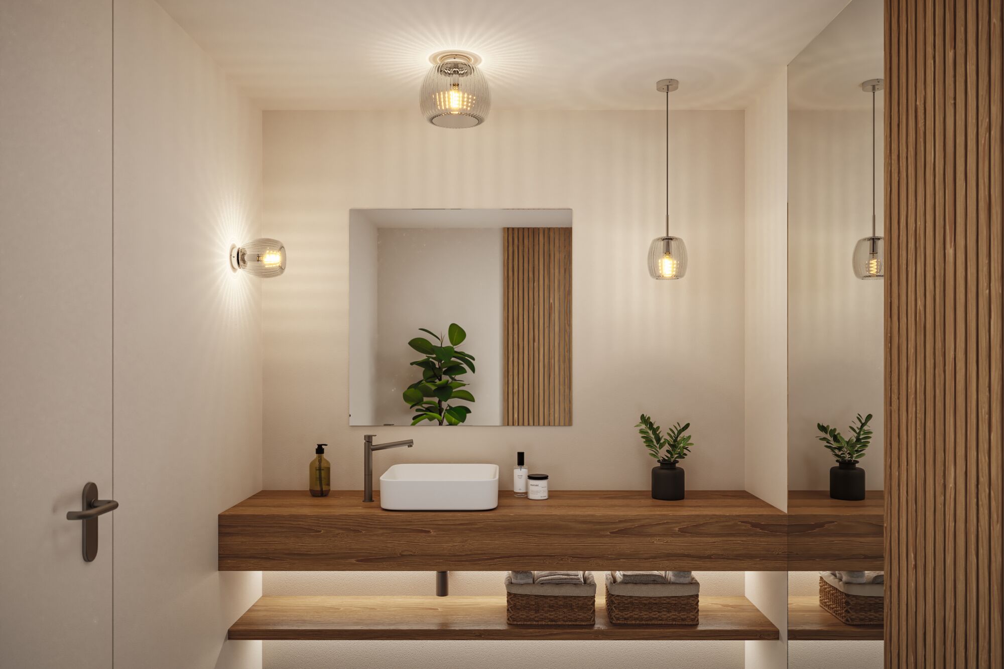 Modern bathroom with wooden vanity and three clear glass lights providing warm LED illumination