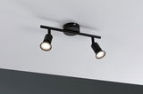 Zwarte plafondlamp met twee verstelbare metalen spots voor moderne verlichting.