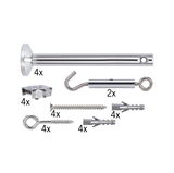 Chrome metal mounting set with screws, plugs, and hooks for secure fixing and hanging.
