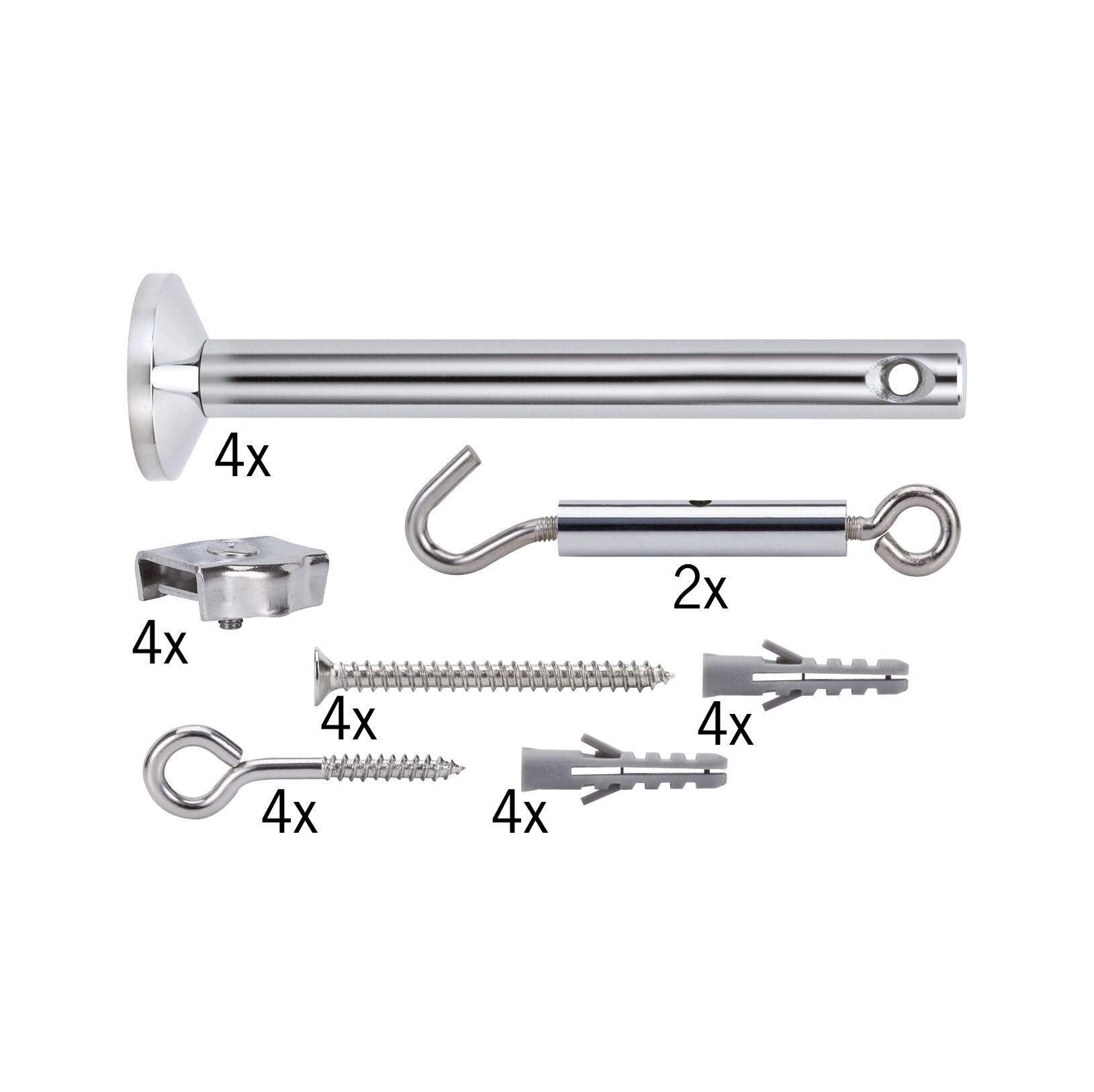 Chrome metal mounting set with screws, plugs, and hooks for secure fixing and hanging.