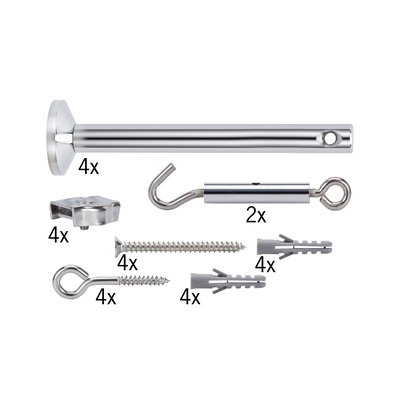Kit de montage en métal chromé avec vis, chevilles et crochets pour fixation et suspension.