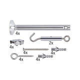 Kit de montage en métal chromé avec vis, chevilles et crochets pour fixation et suspension.