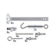 Chrome metal mounting set with screws, plugs, and hooks for secure fixing and hanging.