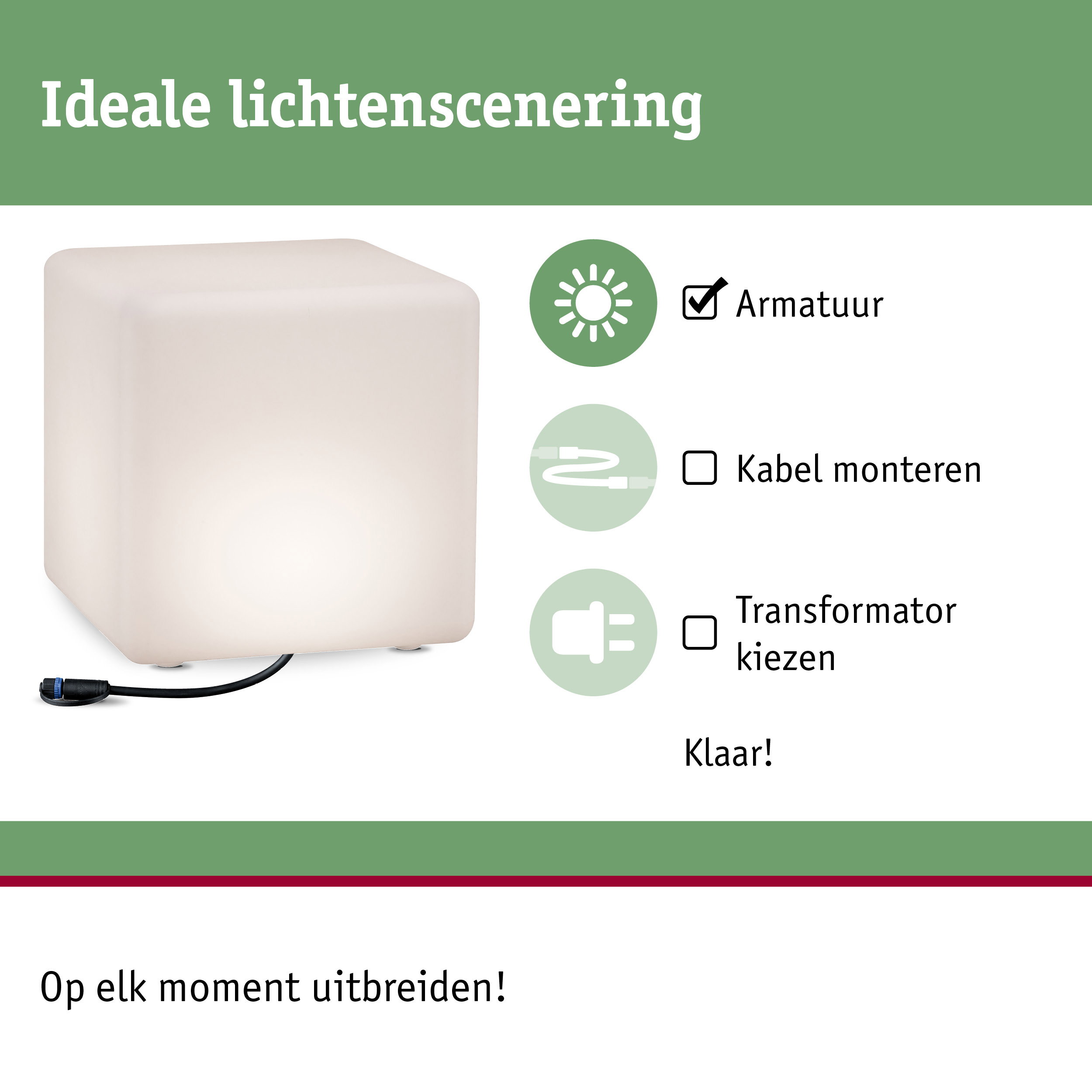 Witte vierkante lichtkubus met kabel voor flexibele binnenverlichting en moderne inrichting