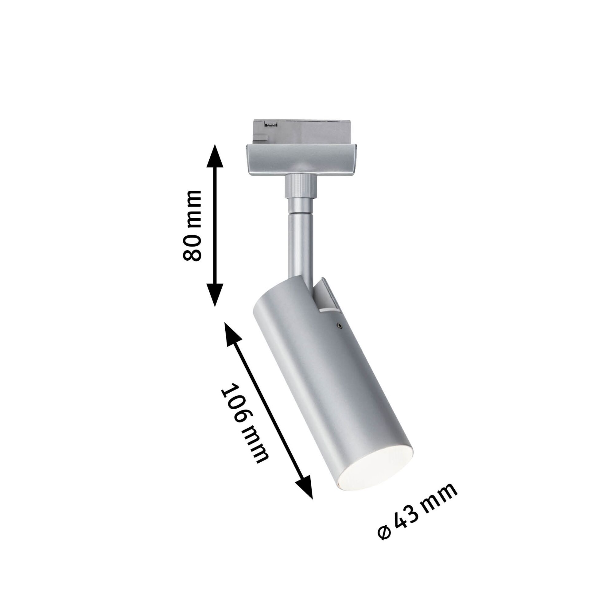 Silver metal LED spotlight with 80 mm height and 43 mm diameter for modern lighting solutions