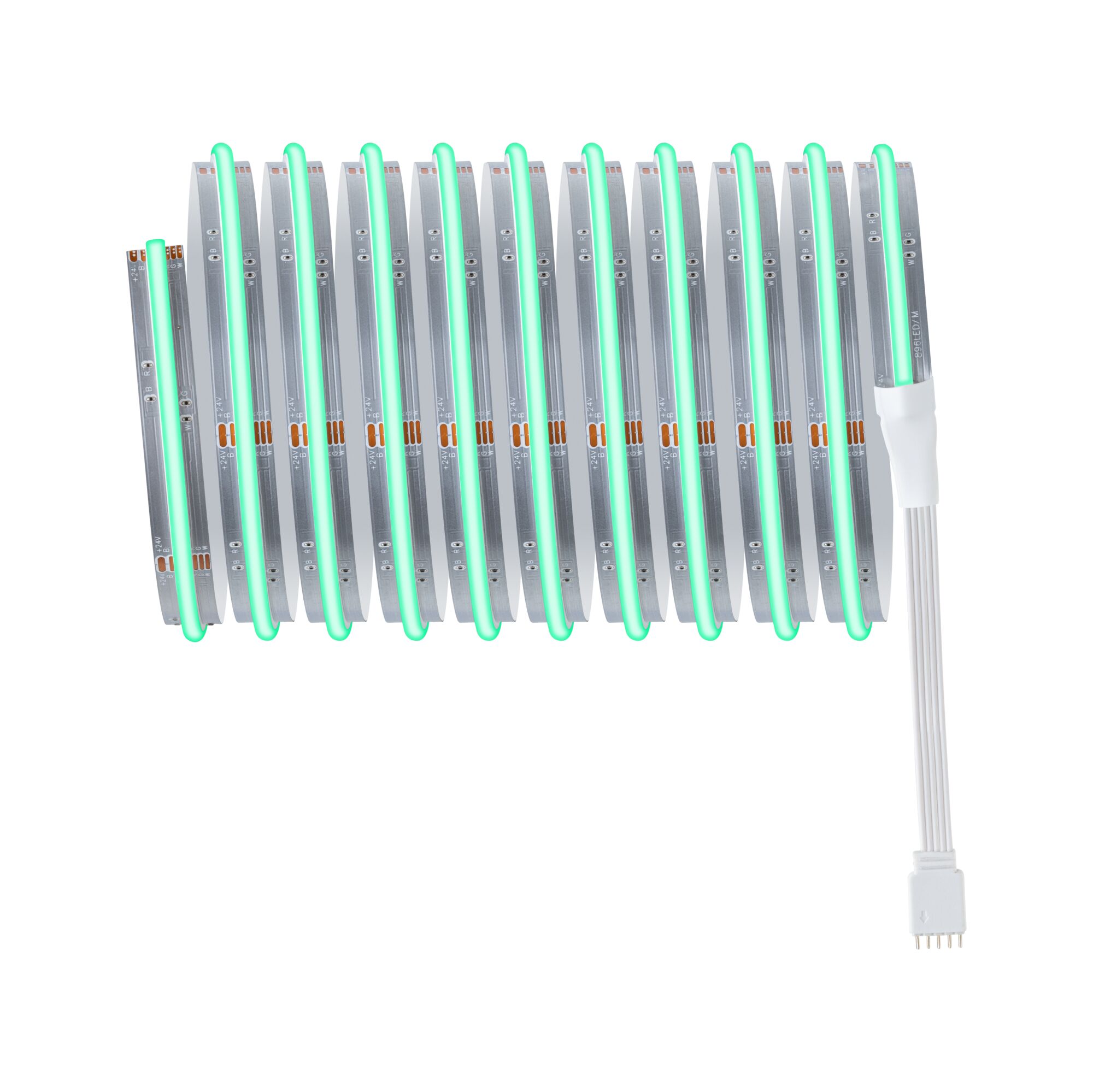 Flexible LED strip with green light and white connector cable for modern lighting accents.