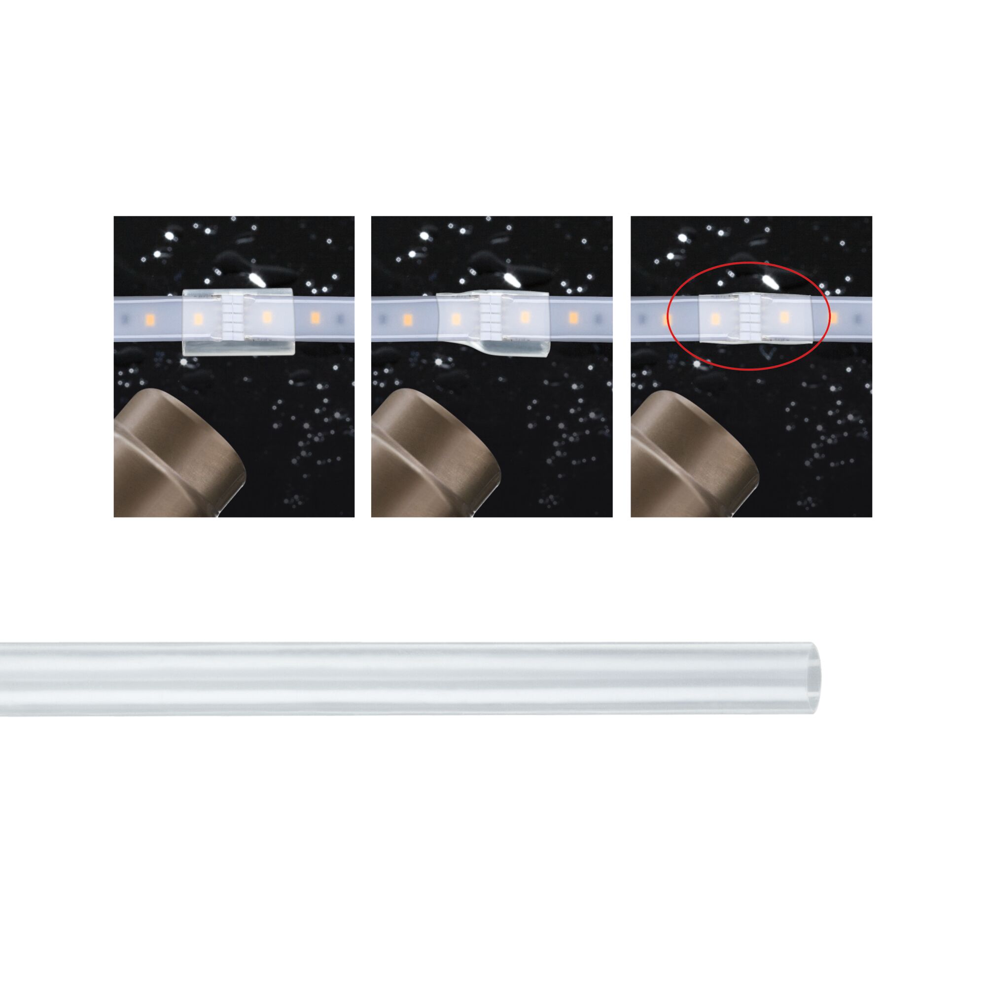 Verbinder Universal 15cm Water-Protection Schrumpfschlauch 14mm Transparent Drei Nahaufnahmen eines transparenten LED-Streifen-Verbinders mit Silikonschutz und weißem LED-Band.
