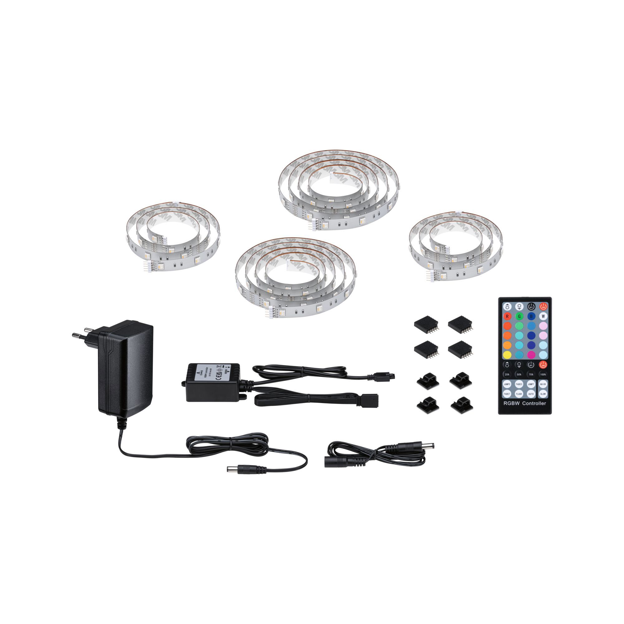 RGBW LED-Lichtband Set mit Fernbedienung, Netzteil und Verbindern für flexible Farbbeleuchtung.