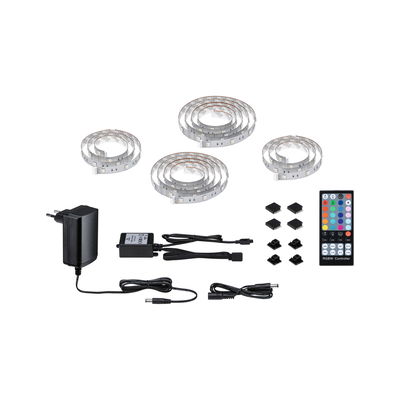 RGBW LED-Lichtband Set mit Fernbedienung, Netzteil und Verbindern für flexible Farbbeleuchtung.