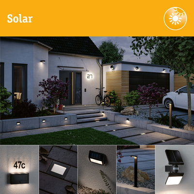 Black solar outdoor lights on house and garden path for energy-saving illumination