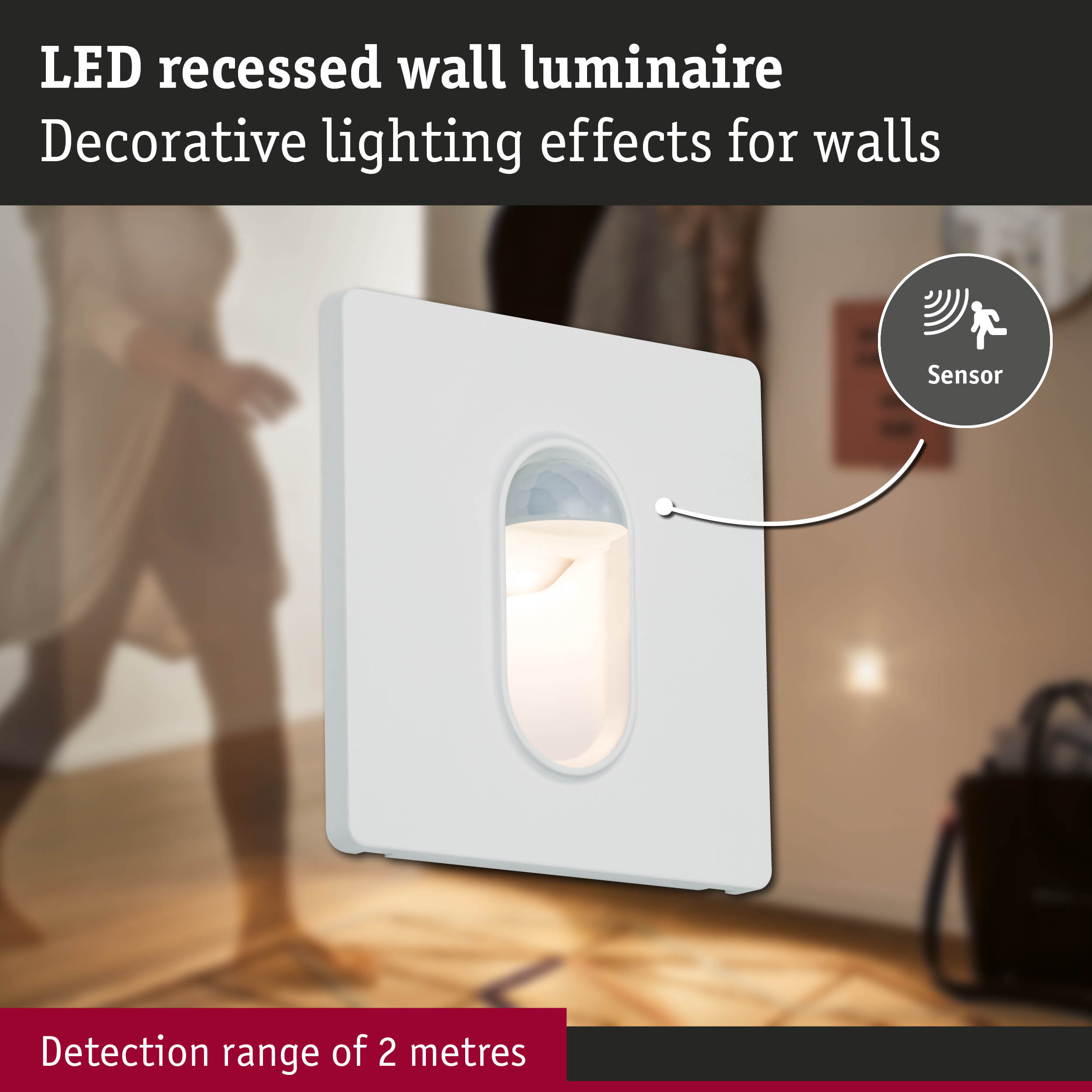 White LED recessed wall luminaire with motion sensor and 2-metre detection range for decorative wall lighting