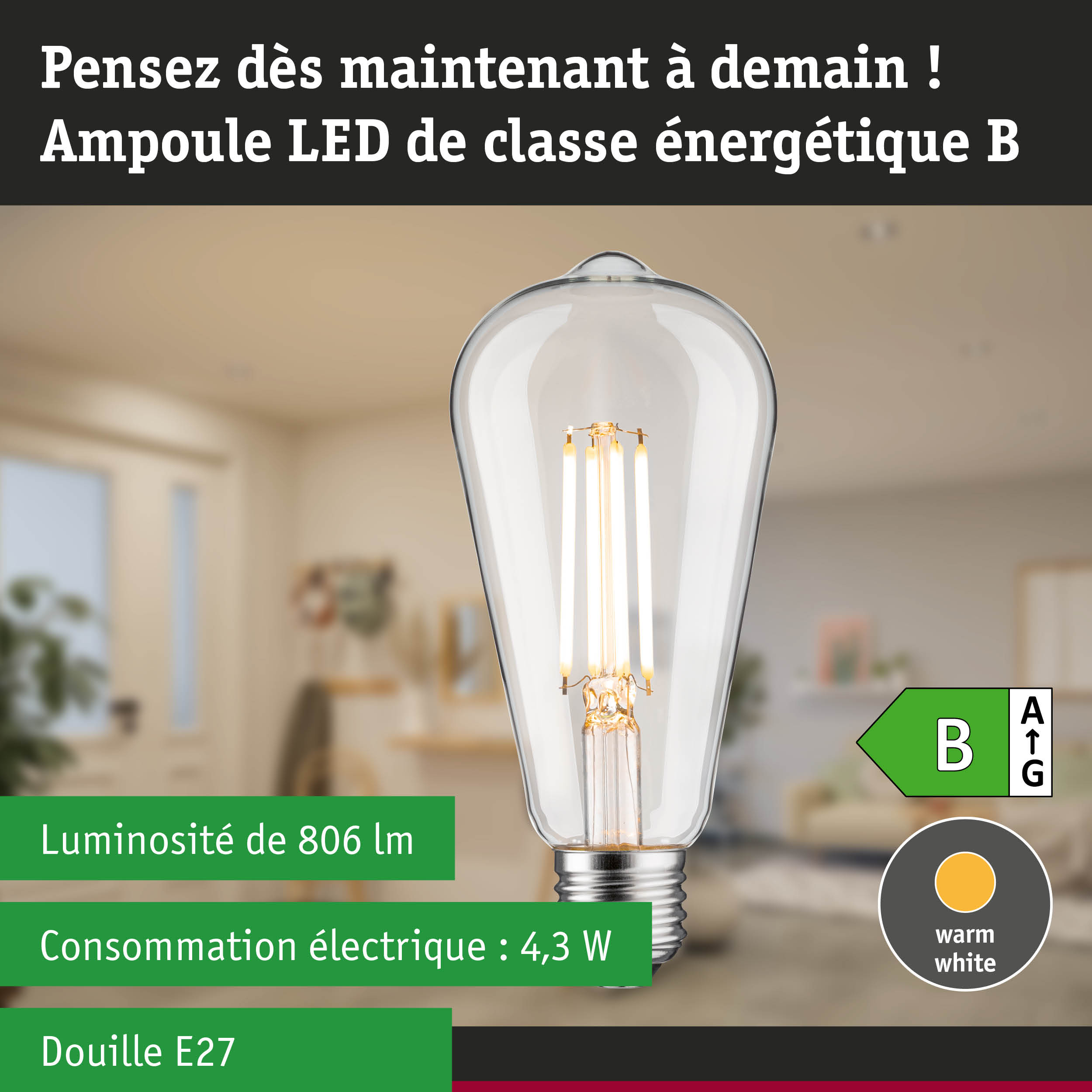 Ampoule LED claire avec lumière blanc chaud et réglage d'intensité sur trois niveaux, économique en énergie