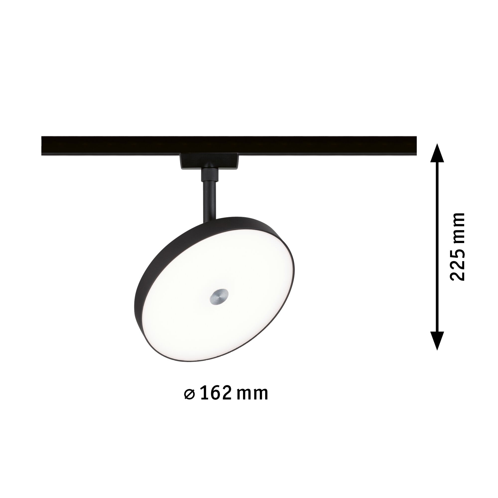 Sort LED-loftlampe med rund hvid diffuser, 162 mm diameter og 225 mm højde, moderne belysning