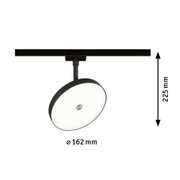 Schwarze LED-Deckenleuchte mit rundem, weißem Diffusor und Maßen 162 mm Durchmesser, 225 mm Höhe