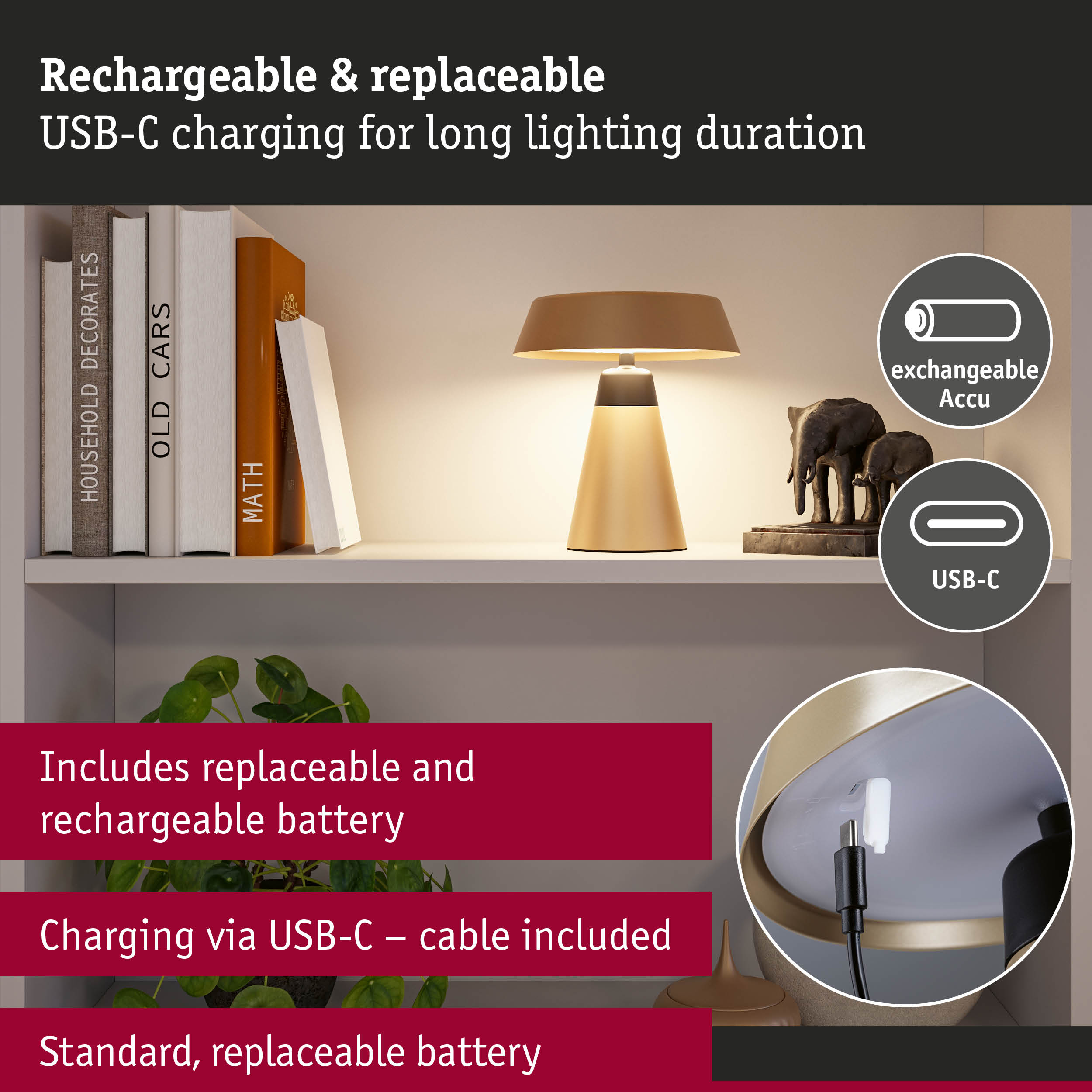 Beige table lamp with replaceable battery and USB-C charging cable for extended lighting duration