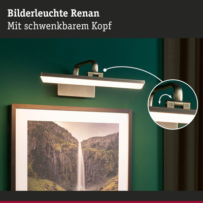 Bilderleuchte Renan aus gebürstetem Metall in Messingfarben mit schwenkbarem Kopf für Wandbilder.