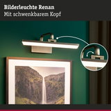 Bilderleuchte Renan aus gebürstetem Metall in Messingfarben mit schwenkbarem Kopf für Wandbilder.
