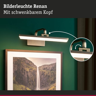 Bilderleuchte Renan aus gebürstetem Metall in Messingfarben mit schwenkbarem Kopf für Wandbilder.