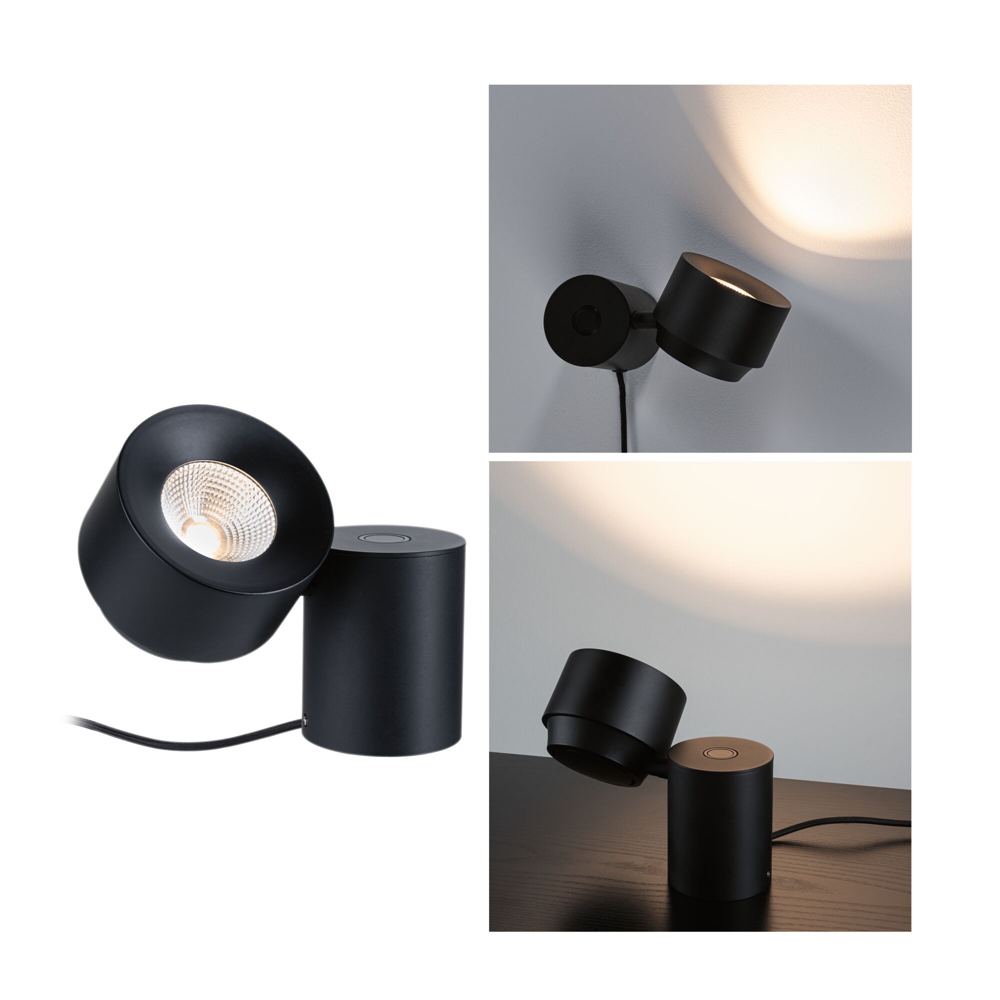 Lampe à poser LED 3-Step-Dim Pane 2700K 300lm 3W Noir Lampe LED noire en métal pour table et mur avec tête réglable pour éclairage moderne