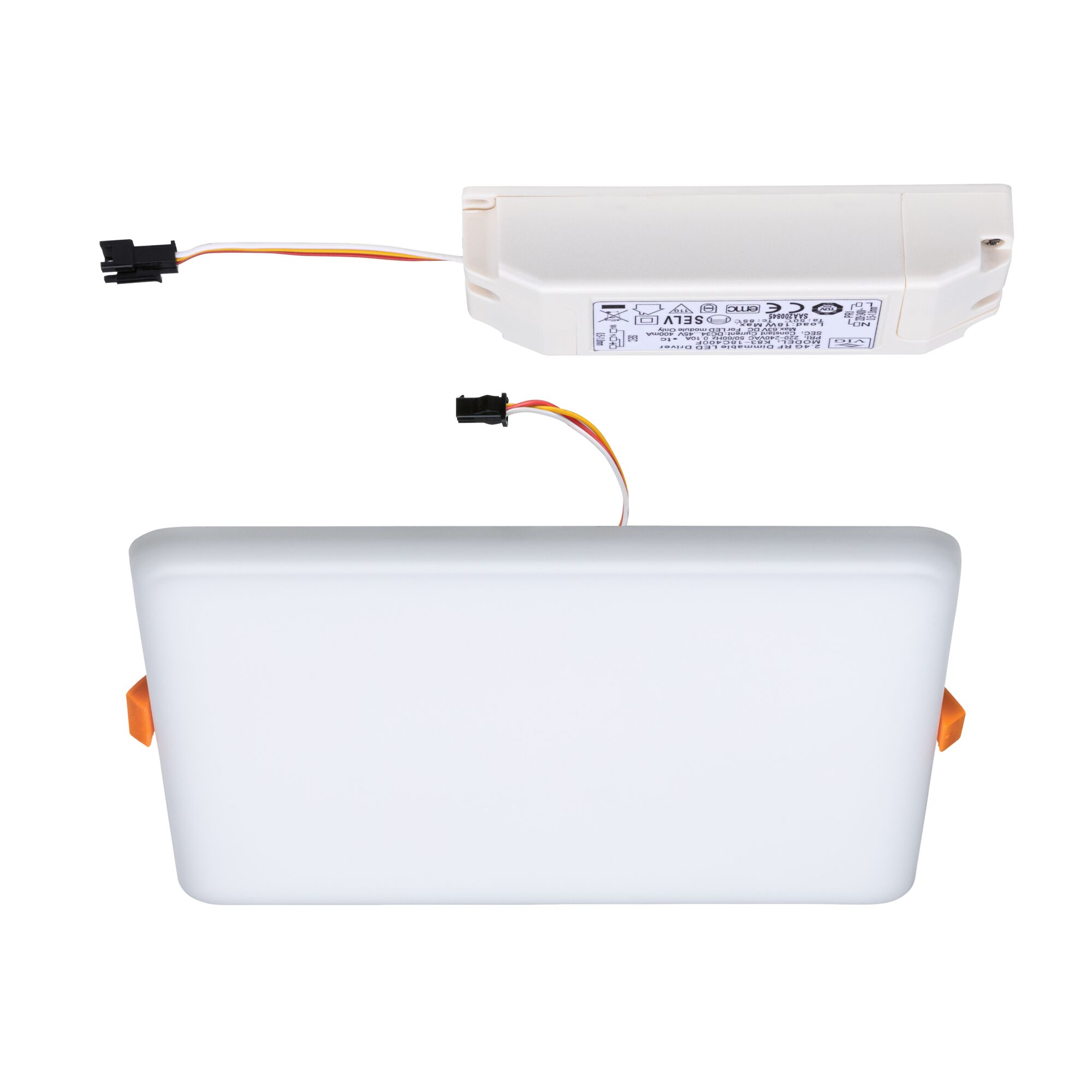Rectangular LED panel with white plastic housing and separate driver for energy-efficient lighting