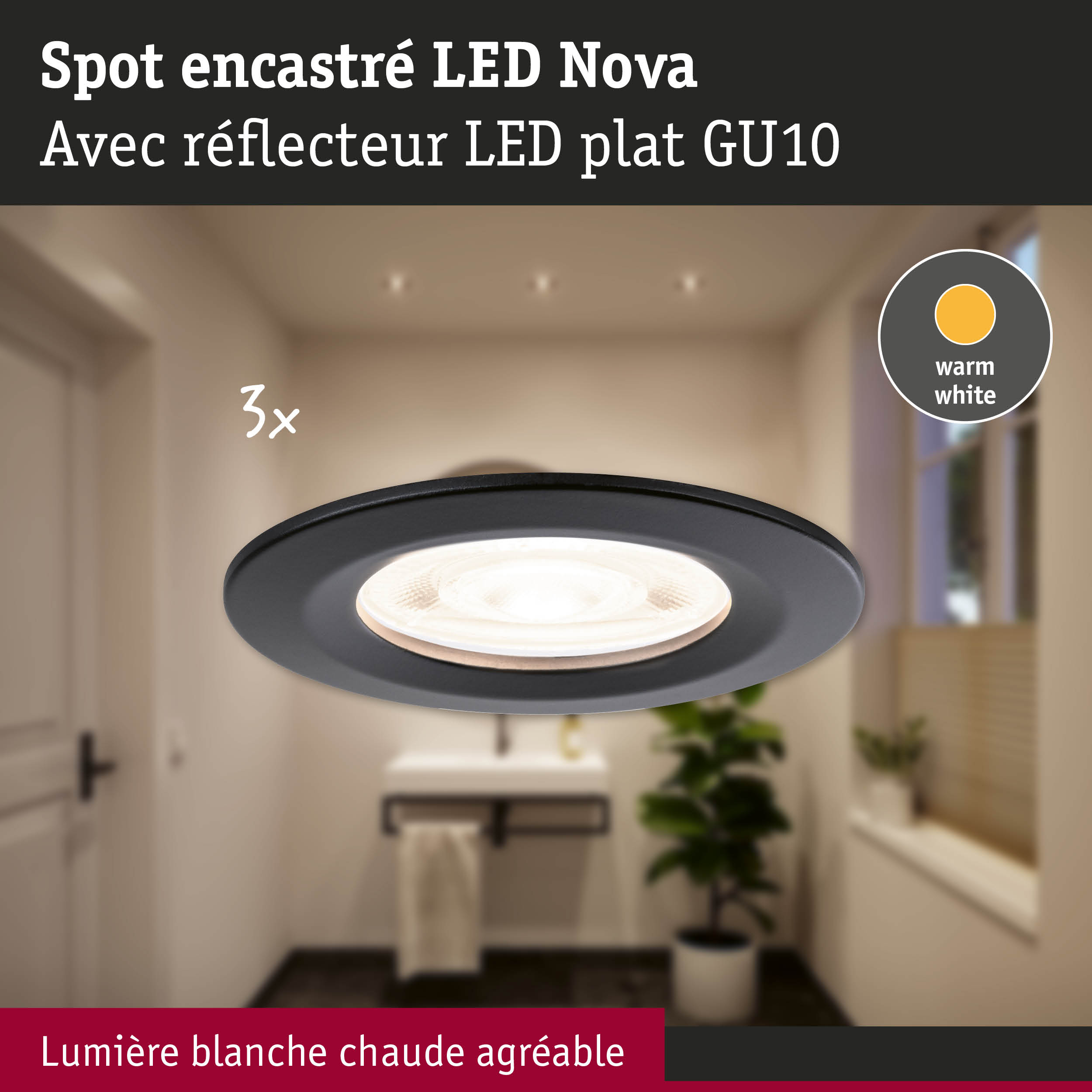 Spot encastré LED Nova noir avec réflecteur plat GU10 et lumière blanc chaud pour intérieur