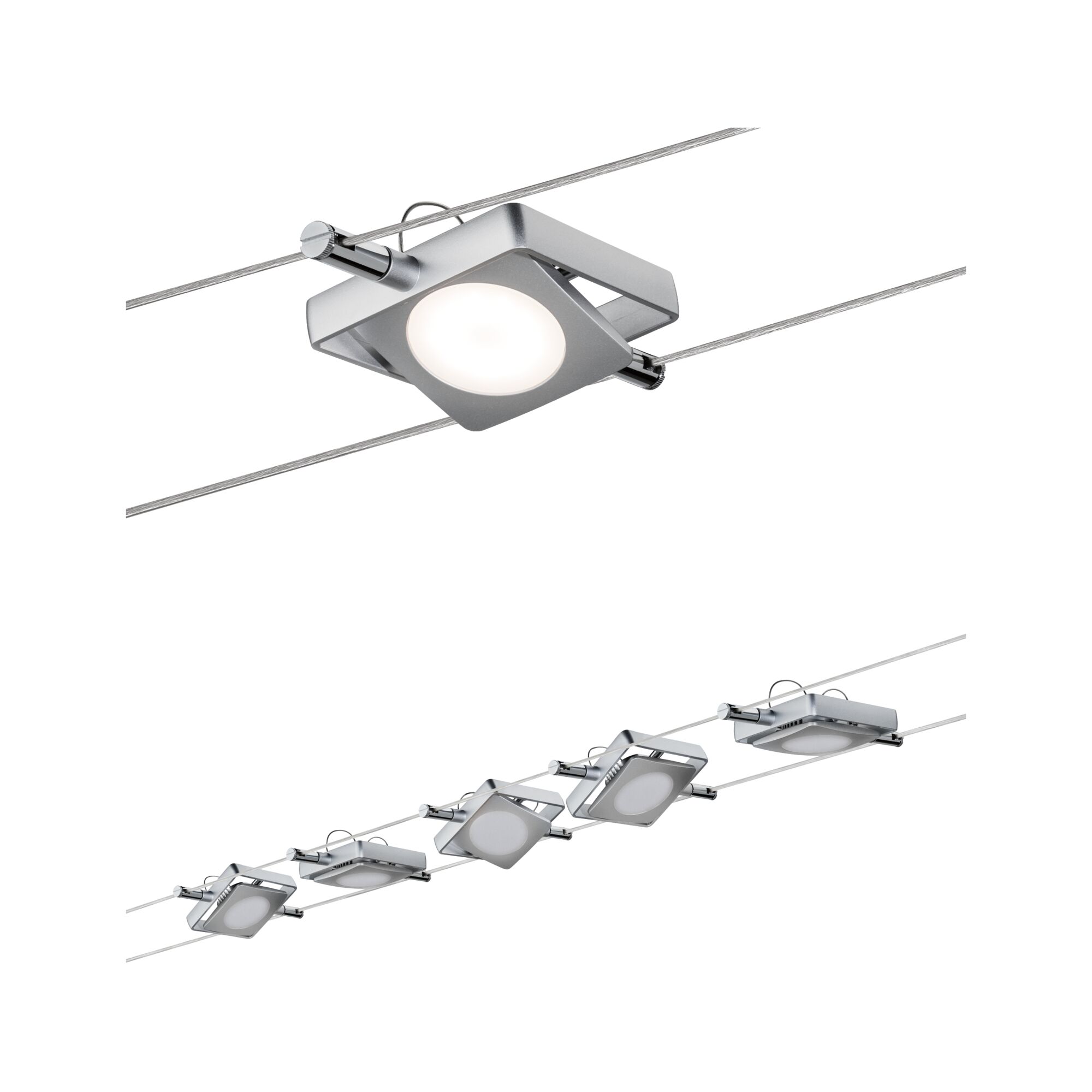 Modern LED cable spotlight with square silver aluminum housing for flexible lighting solutions.