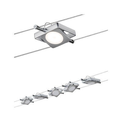 Modern LED cable spotlight with square silver aluminum housing for flexible lighting solutions.