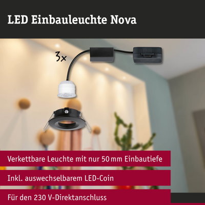 LED Einbauleuchte Nova in Schwarz mit 50 mm Einbautiefe und austauschbarem LED-Coin für 230 V Anschluss