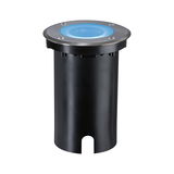 Ronde inbouwvloerspot van roestvrij staal met blauw LED-licht en zwarte behuizing voor buitenverlichting