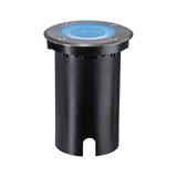 Ronde inbouwvloerspot van roestvrij staal met blauw LED-licht en zwarte behuizing voor buitenverlichting