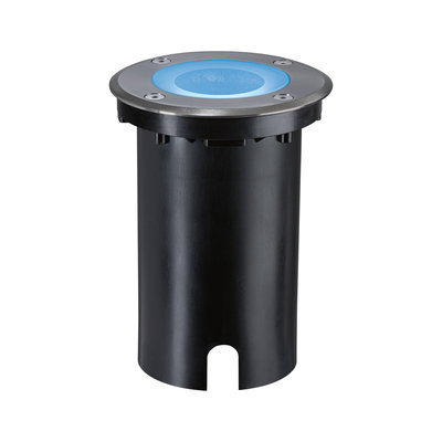 Ronde inbouwvloerspot van roestvrij staal met blauw LED-licht en zwarte behuizing voor buitenverlichting