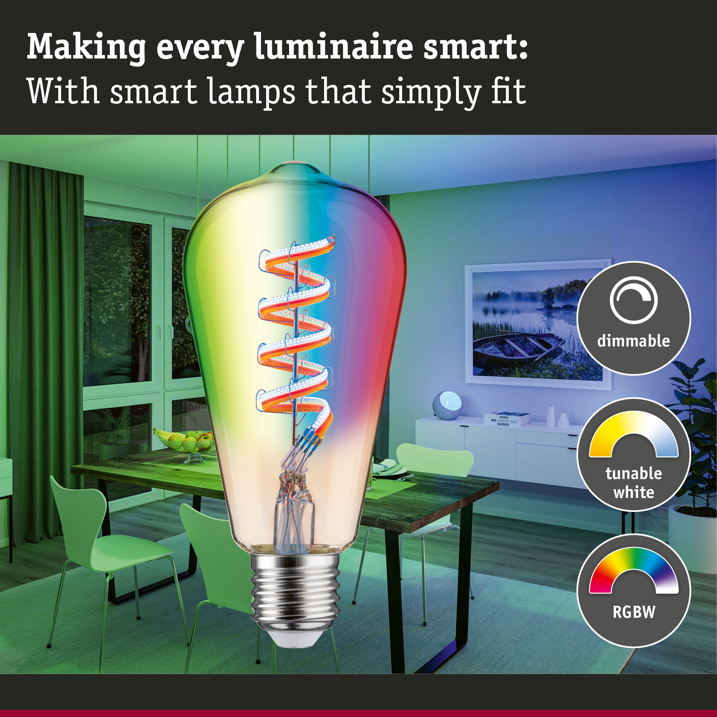 Colourful LED bulb with spiral filament in modern dining room, dimmable and tunable white smart lighting