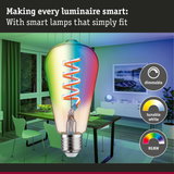Colourful LED bulb with spiral filament in modern dining room, dimmable and tunable white smart lighting