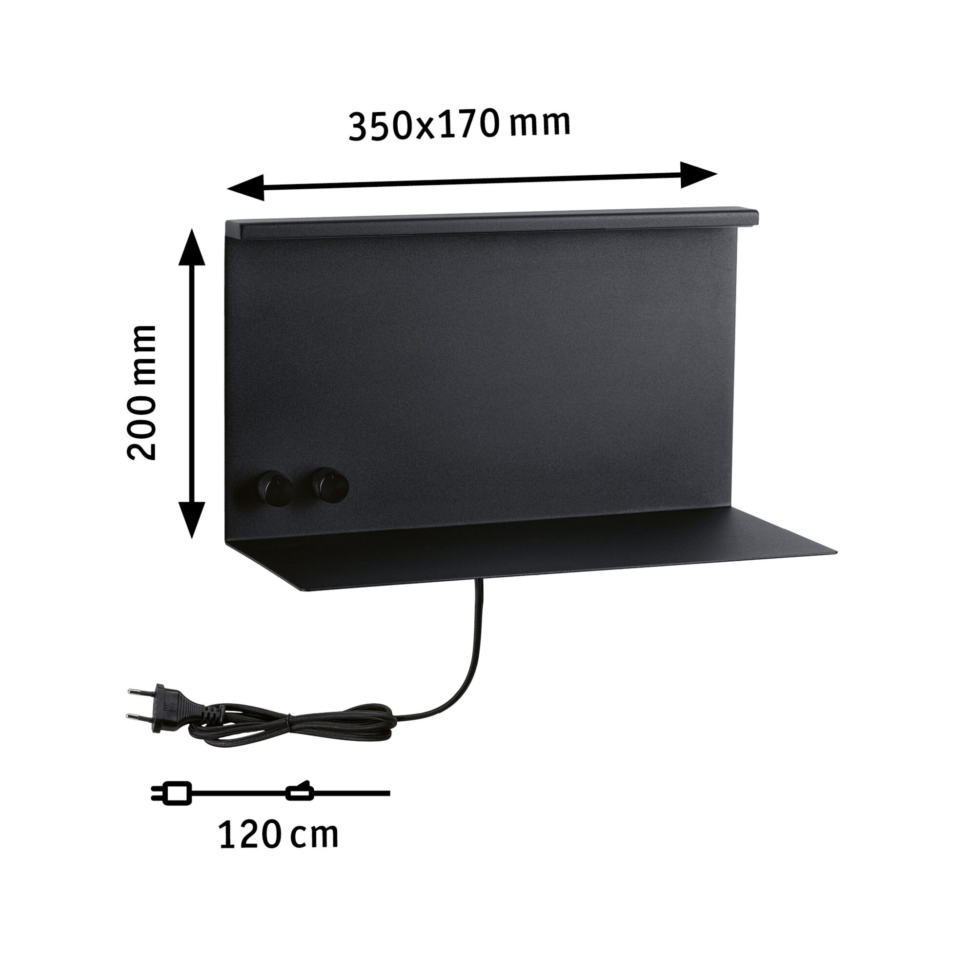 Black metal wall shelf 350x200 mm with 120 cm cable for modern lighting and decoration