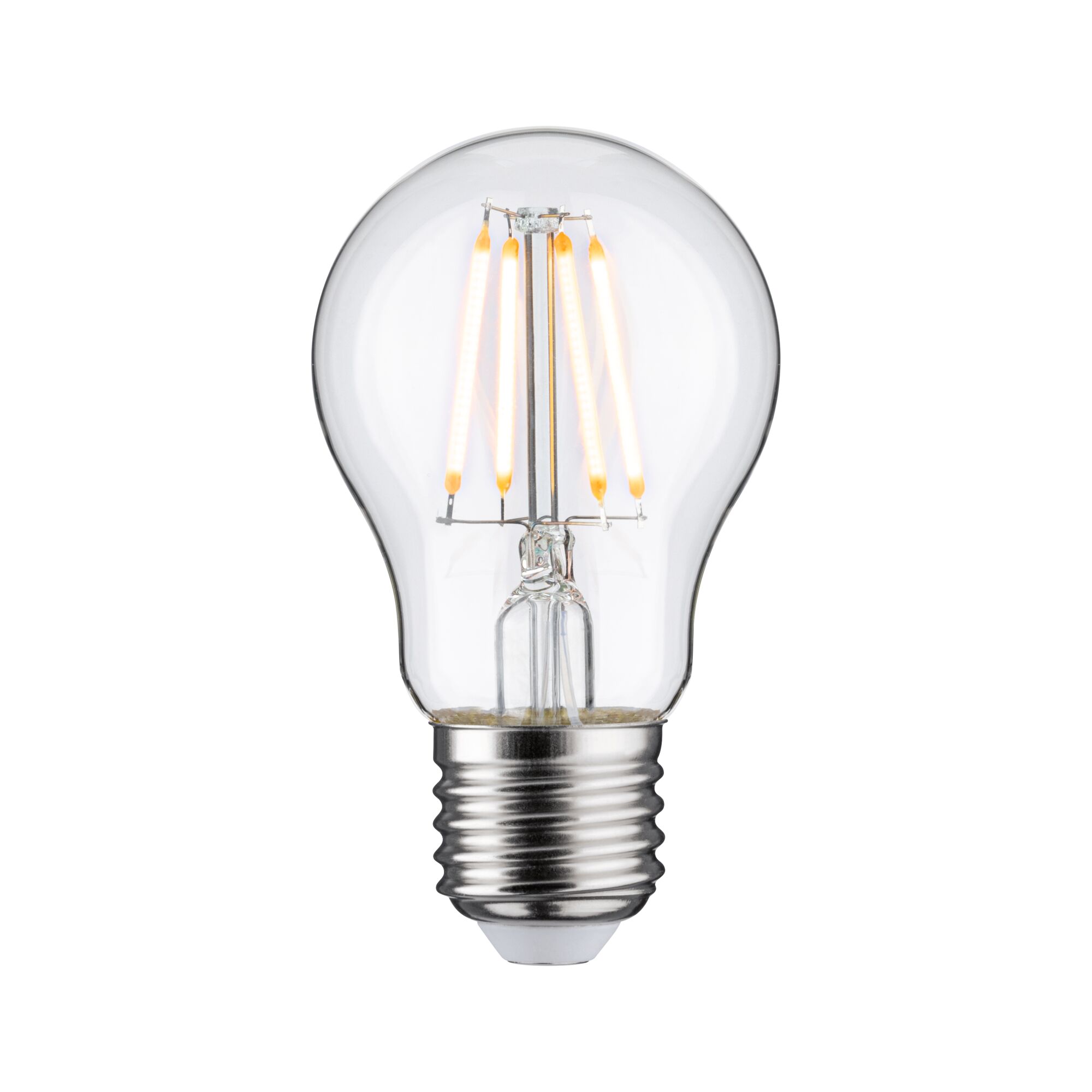 Klassische LED-Glühbirne mit transparentem Glas und silbernem Sockel für energiesparende Beleuchtung